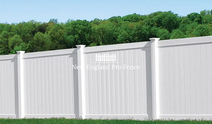 The most popular privacy fence in Massachusetts. Solid vinyl privacy fence panels provide complete screening with zero maintenance. Will not rot, warp, or need painting. Available in white, tan, and gray. Built to withstand New England winters for 20 to 30 years.