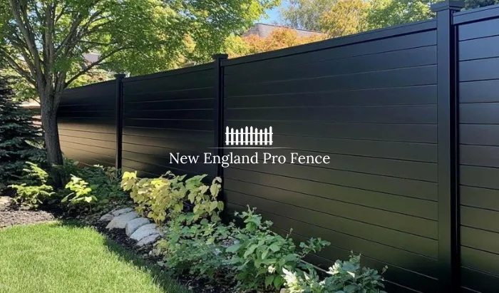 Modern metal privacy fencing with horizontal slats for a contemporary look. Aluminum and steel options available. Combines the durability of metal with complete privacy screening. Rust-proof and maintenance-free. The premium choice for modern homes in Massachusetts.